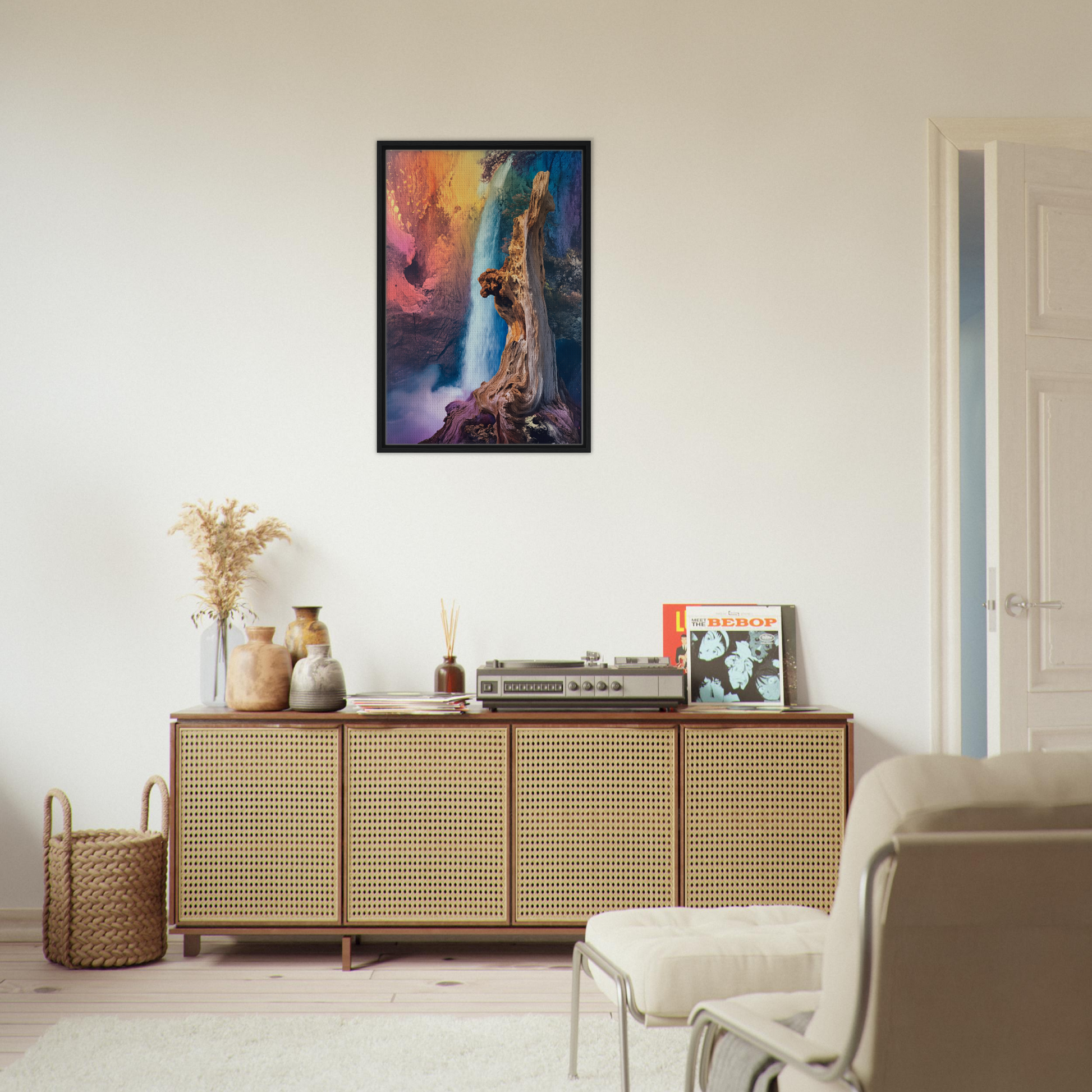 Elegant wooden sideboard with cane-webbed doors, perfect for Eternal Dreamscape Flux room decor