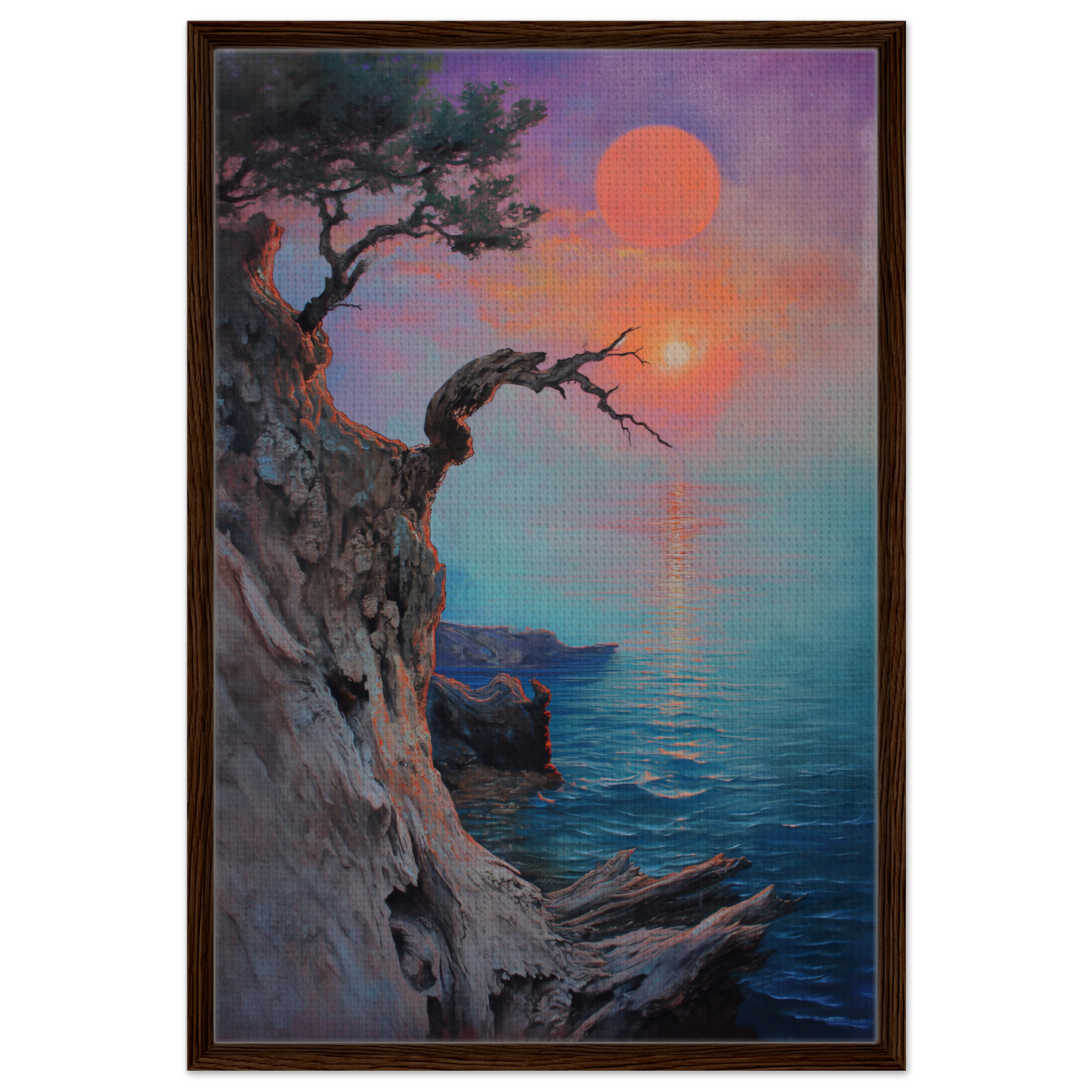 Framed canvas print of Eternal Horizon Dance with coastal cliff and colorful sunset sky