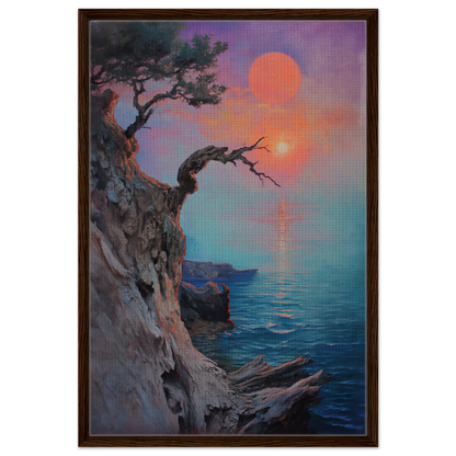 Framed canvas print of Eternal Horizon Dance with coastal cliff and colorful sunset sky