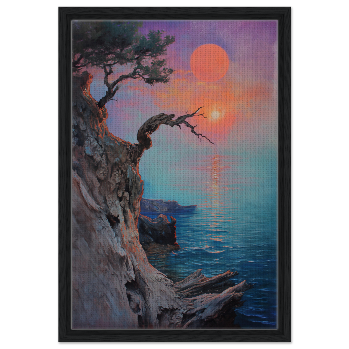 Framed canvas wall art of a gnarled tree at sunset, Eternal Horizon Dance decor