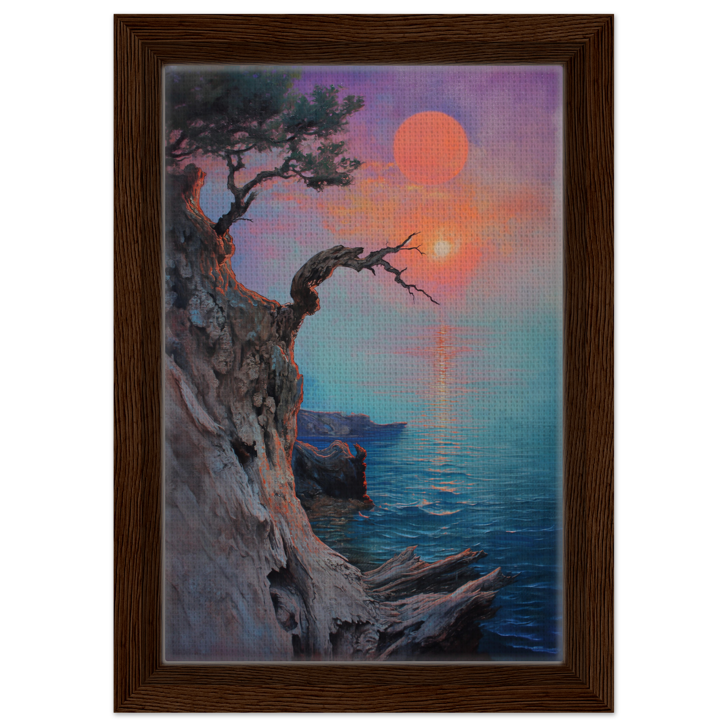 Framed canvas print of Eternal Horizon Dance featuring a coastal sunset and gnarled tree