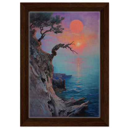 Framed canvas print of Eternal Horizon Dance featuring a coastal sunset and gnarled tree