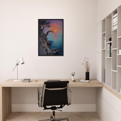 Minimalist home office with wooden desk, black chair, and Eternal Horizon Dance canvas wall art