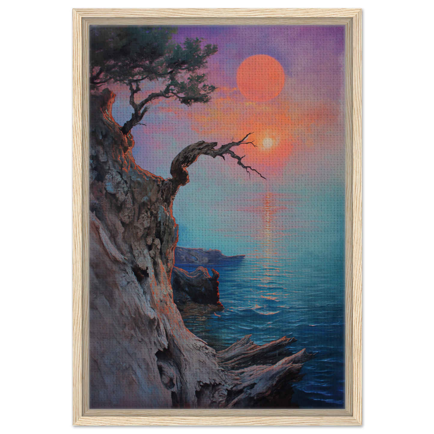 Gnarled tree on cliff at sunset, featured in Eternal Horizon Dance canvas wall art