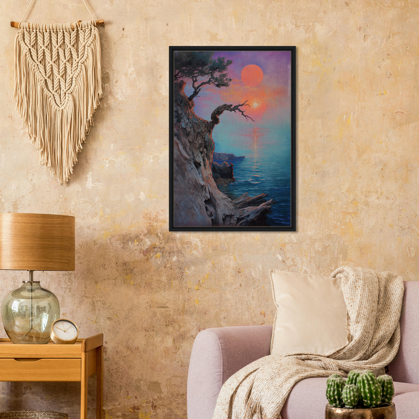 Framed canvas print of Eternal Horizon Dance featuring a coastal sunset and gnarled tree