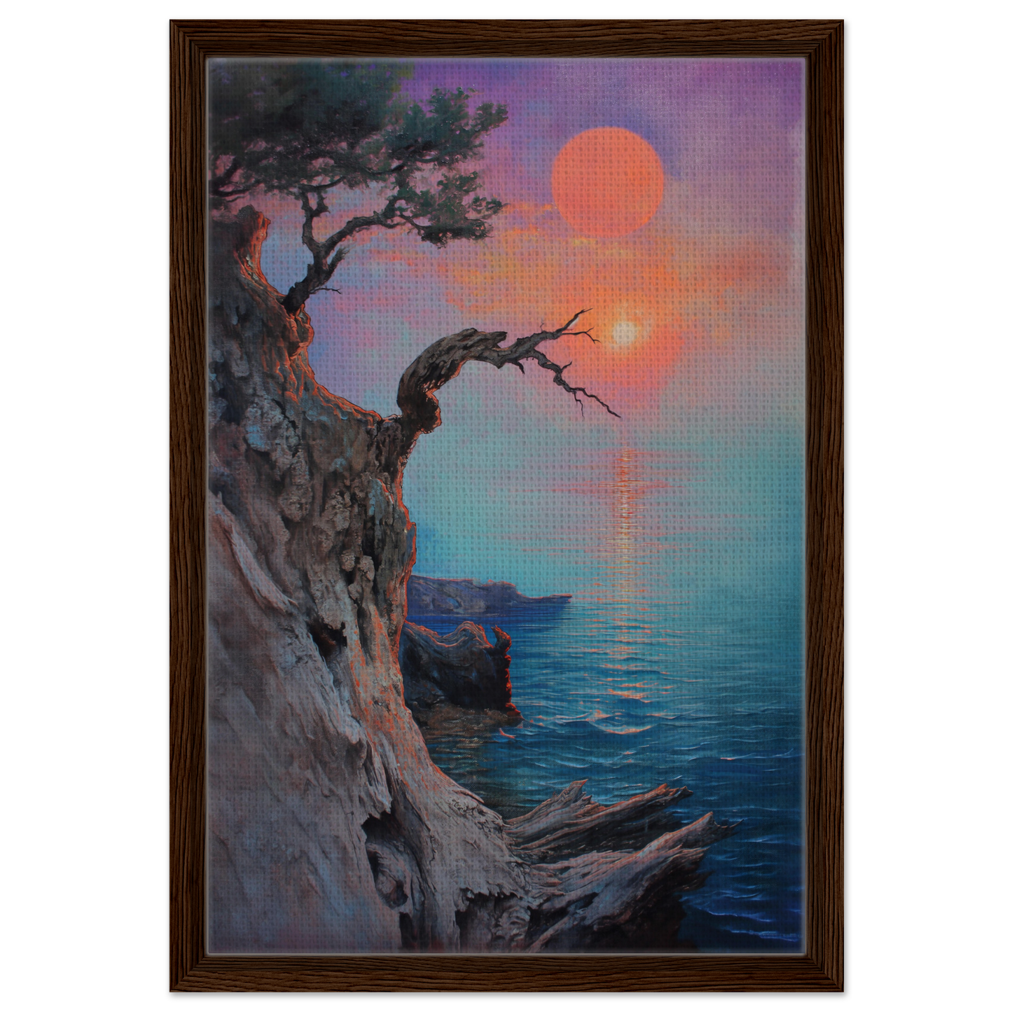 Framed canvas print of gnarled tree on cliff at sunset from Eternal Horizon Dance