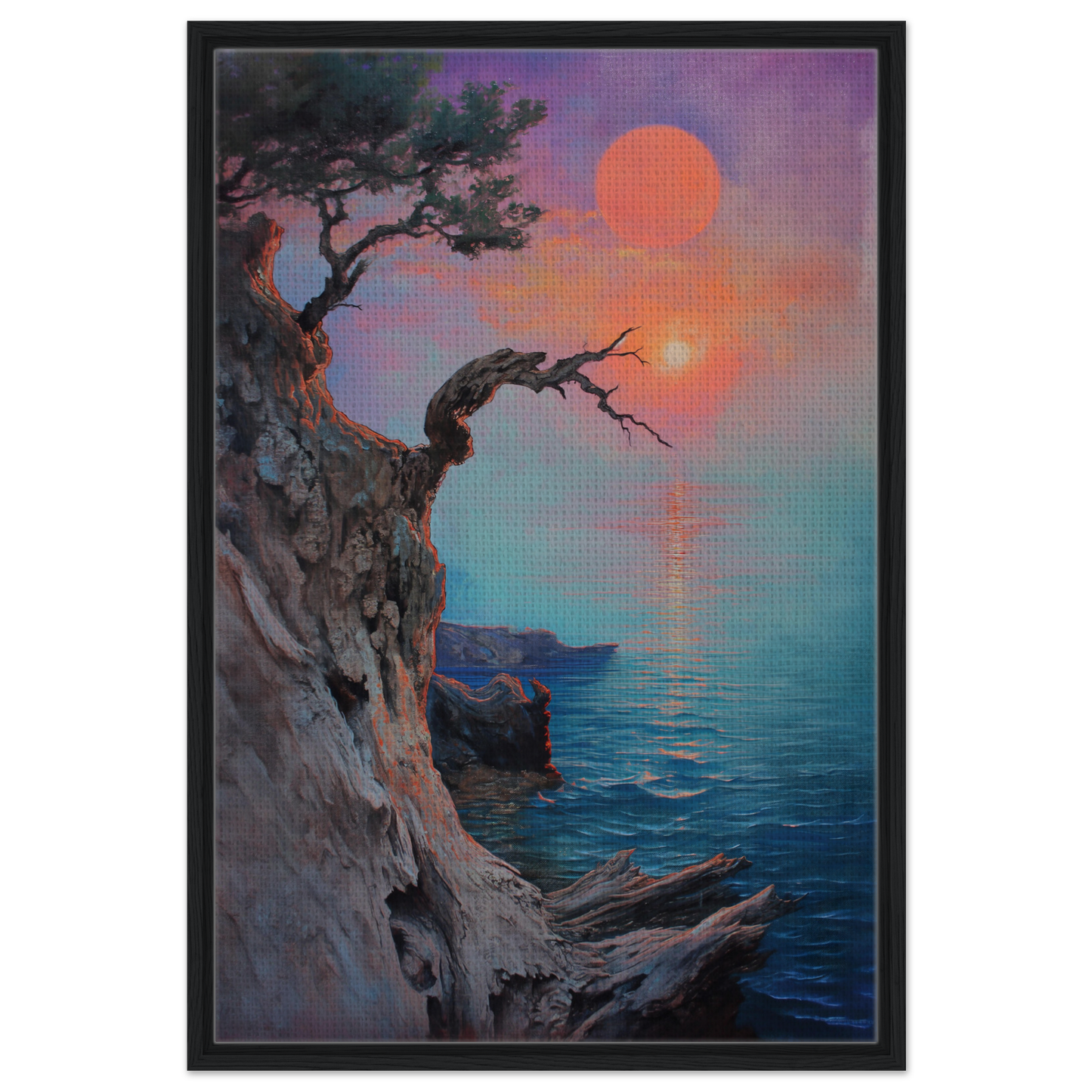 Painting of a coastal scene with a gnarled tree for Eternal Horizon Dance canvas wall art