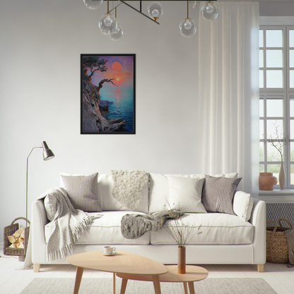 Elegant white sofa adorned with throw pillows and blankets near Eternal Horizon Dance canvas art