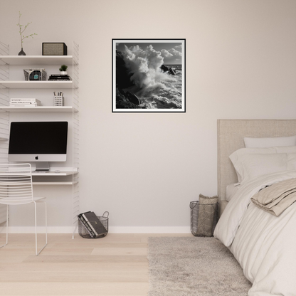 Cozy minimalist bedroom workspace featuring Eternal Splash Ecstasy and an iMac