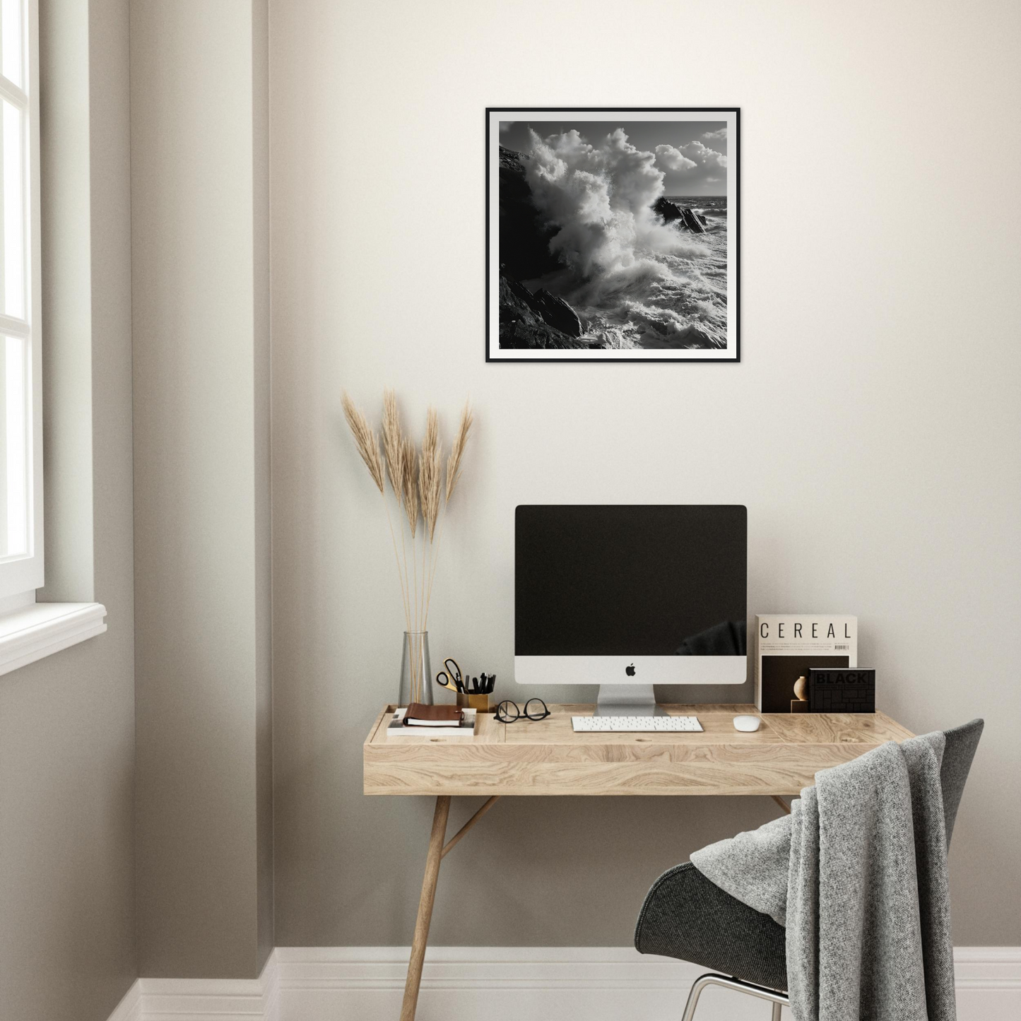 Minimalist wooden desk with iMac and pampas grass, perfect for Eternal Splash Ecstasy vibe