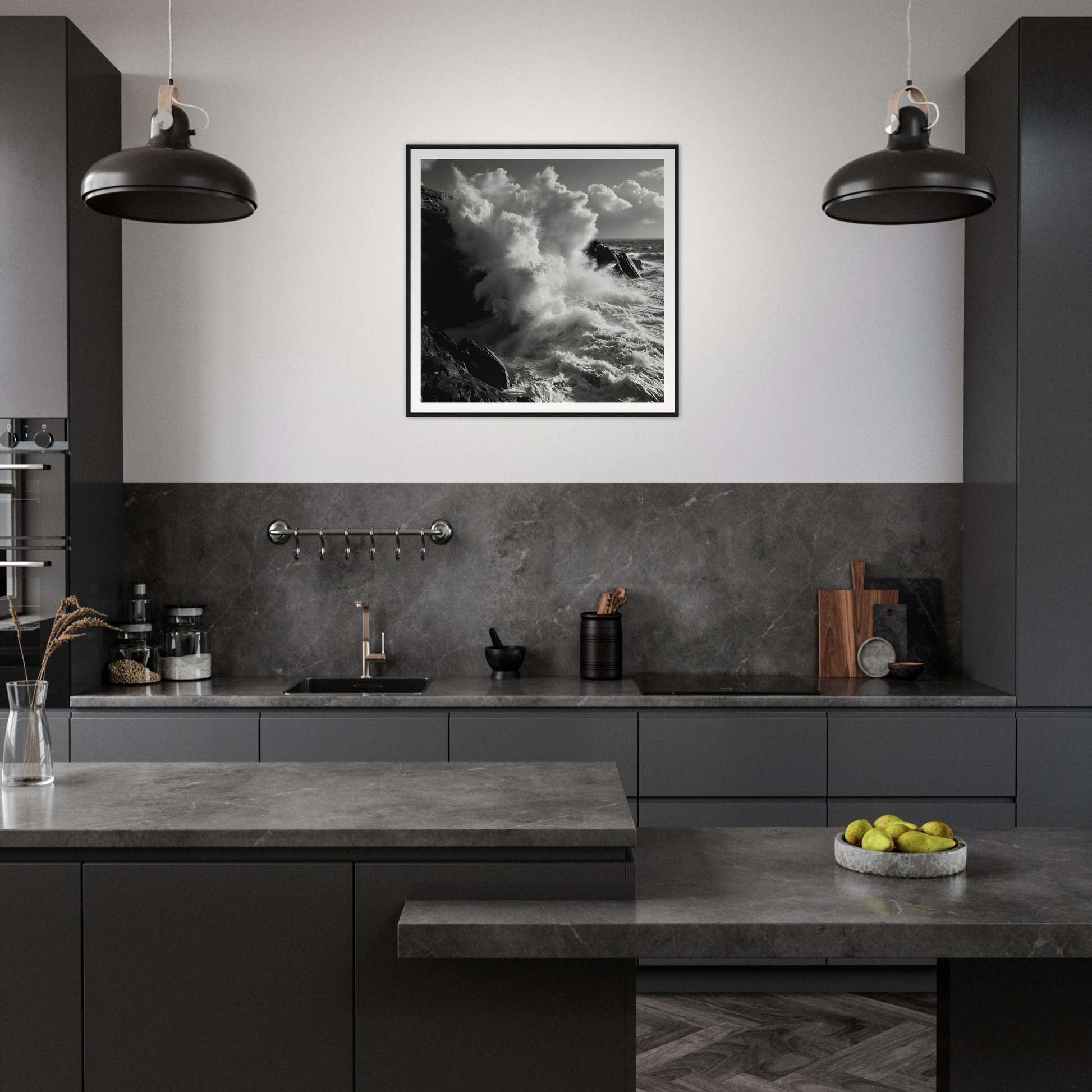 Modern dark grey kitchen featuring Eternal Splash Ecstasy art and industrial pendant lights