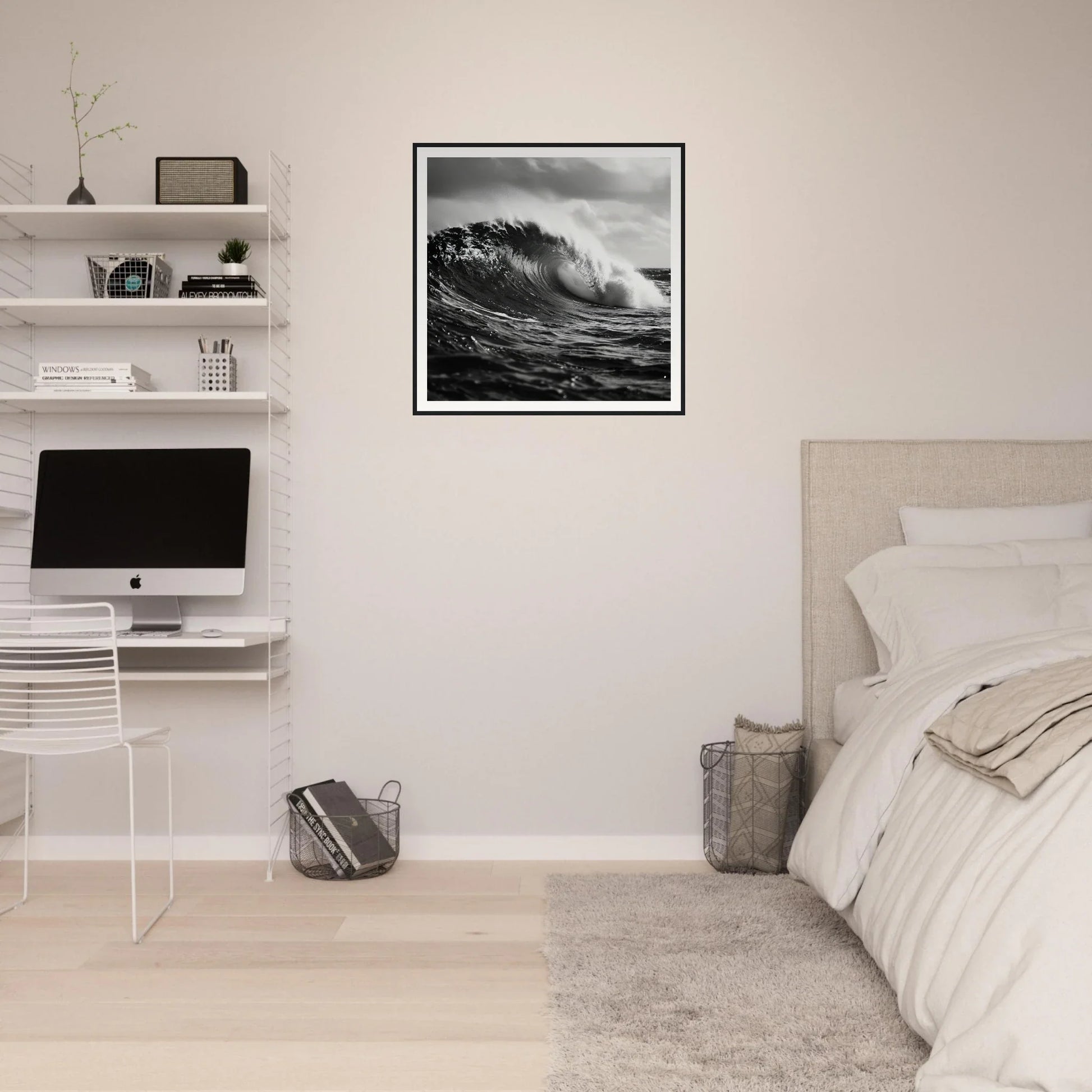 Minimalist bedroom with Eternal Wave Symphony art, floating shelves, and iMac workstation