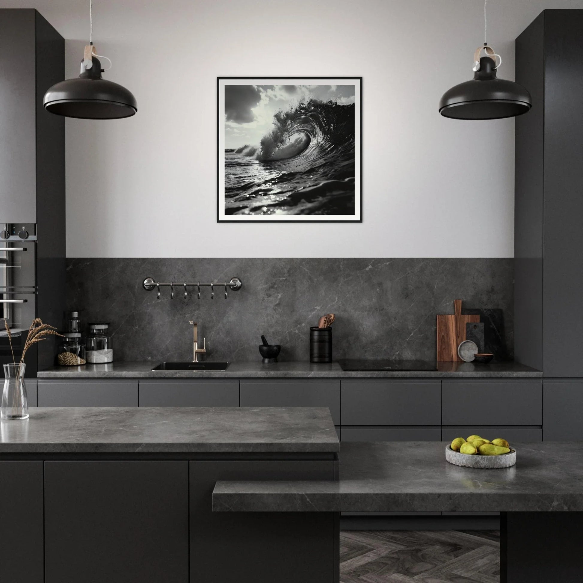 Modern dark gray kitchen featuring Eternal Wave Symphony wall art and industrial lights