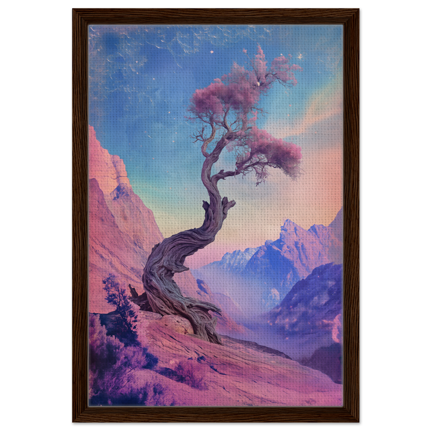 Twisted tree with pink foliage on rocky slope in Ethereal Arboreal Reverie framed canvas print