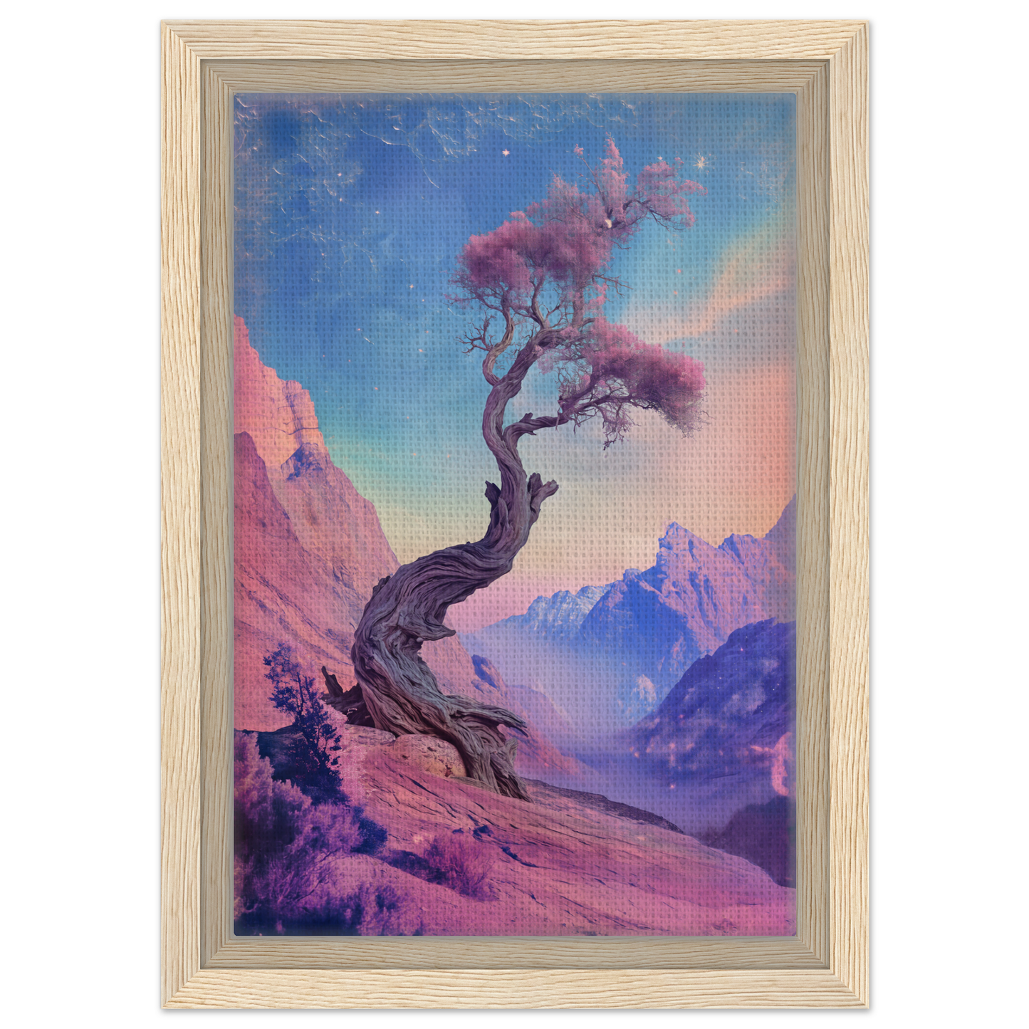 A gnarled tree with pink-purple foliage on a rocky slope in Ethereal Arboreal Reverie