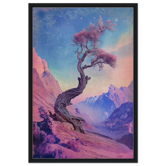 Twisted tree with pink foliage on rocky ledge, an Ethereal Arboreal Reverie in room decor