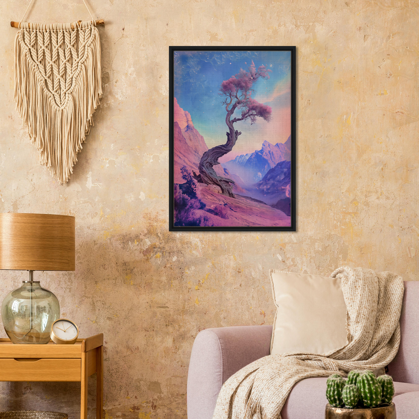 Framed canvas print of a twisted tree in an Ethereal Arboreal Reverie landscape