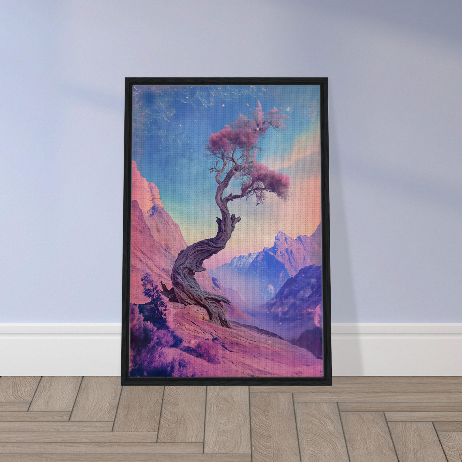 Framed canvas print of Ethereal Arboreal Reverie with twisted tree and pink foliage