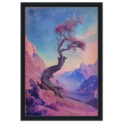 Twisted tree with pink foliage on rocky slope for Ethereal Arboreal Reverie room decor