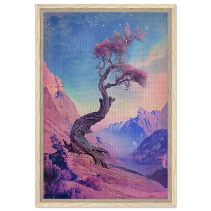 Ethereal Arboreal Reverie featuring a twisted tree with pink foliage on rocky slope