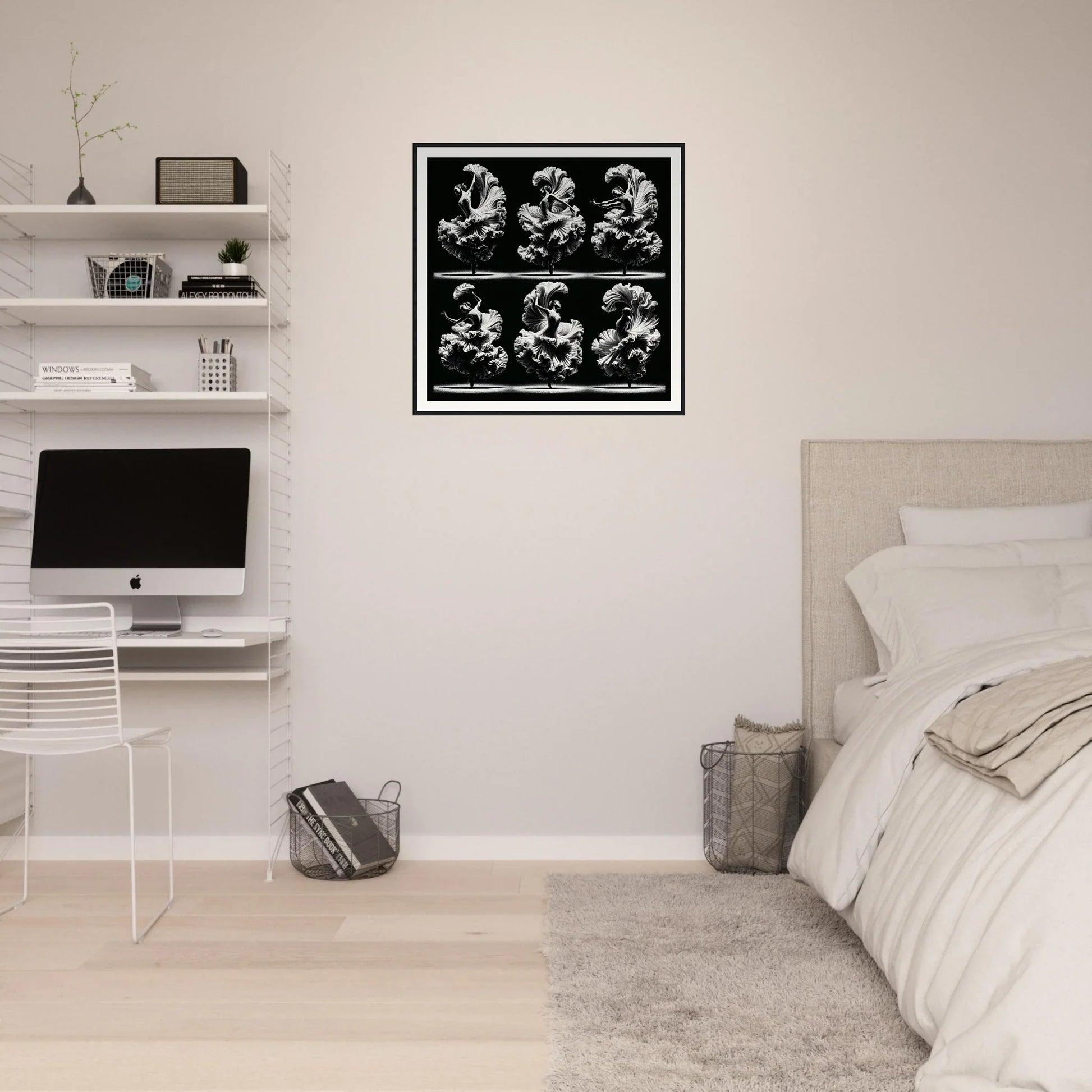 Minimalist bedroom with Ethereal Ballet Whirl art, iMac, and floating shelves