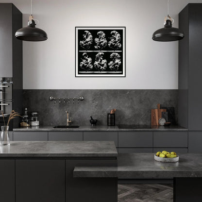 Modern dark kitchen with matte black cabinets featuring Ethereal Ballet Whirl framed posters