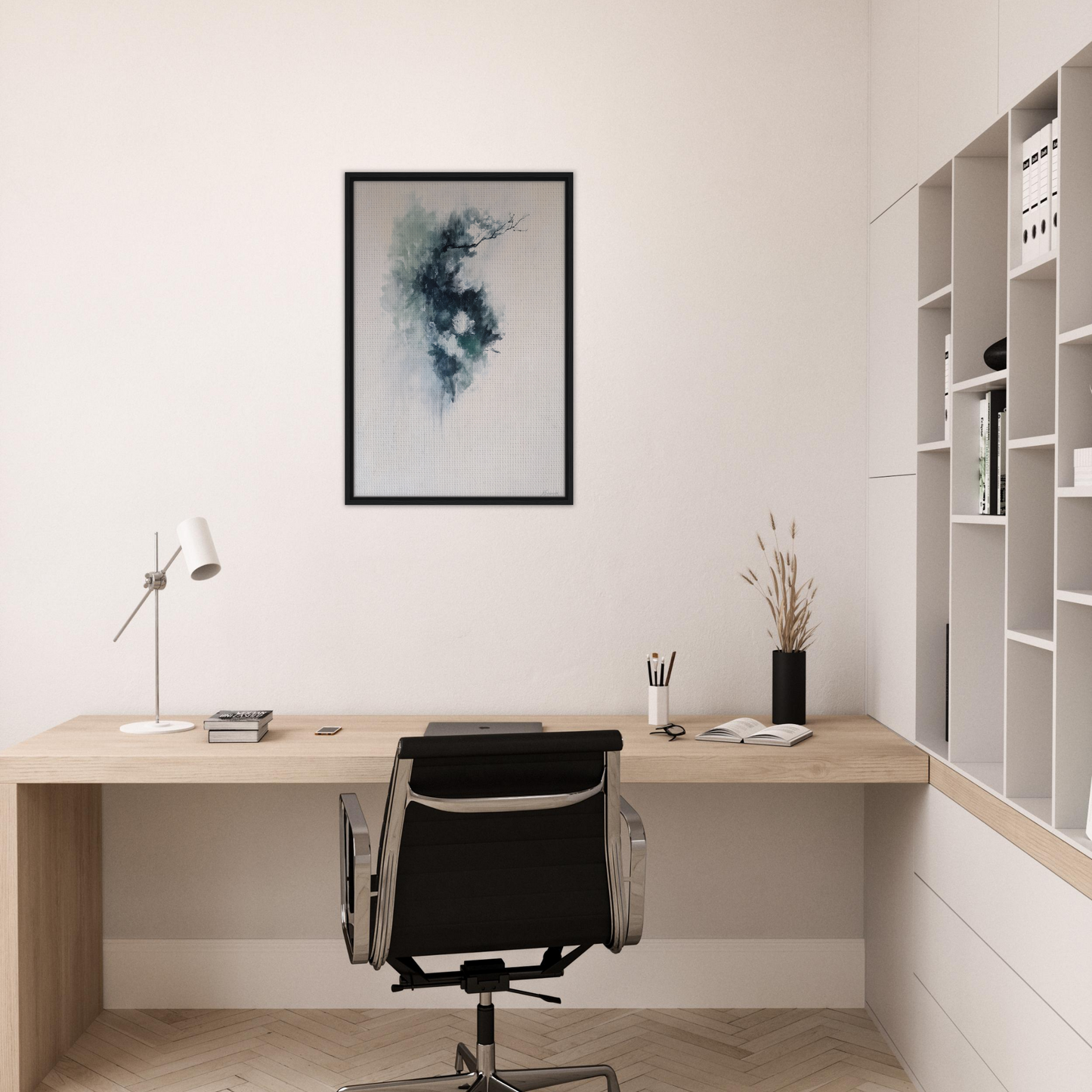 Minimalist home office featuring Ethereal Blue Transcendence framed canvas print