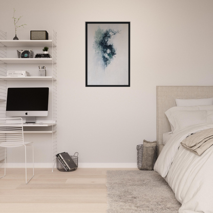 Minimalist bedroom featuring Ethereal Blue Transcendence framed canvas print on shelves