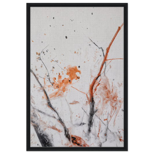 Abstract painting with orange and gray splashes in Ethereal Chaos Dance framed canvas print