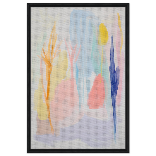 Abstract painting with pastel shapes in a black frame, ideal for Ethereal Color Pantheon room decor