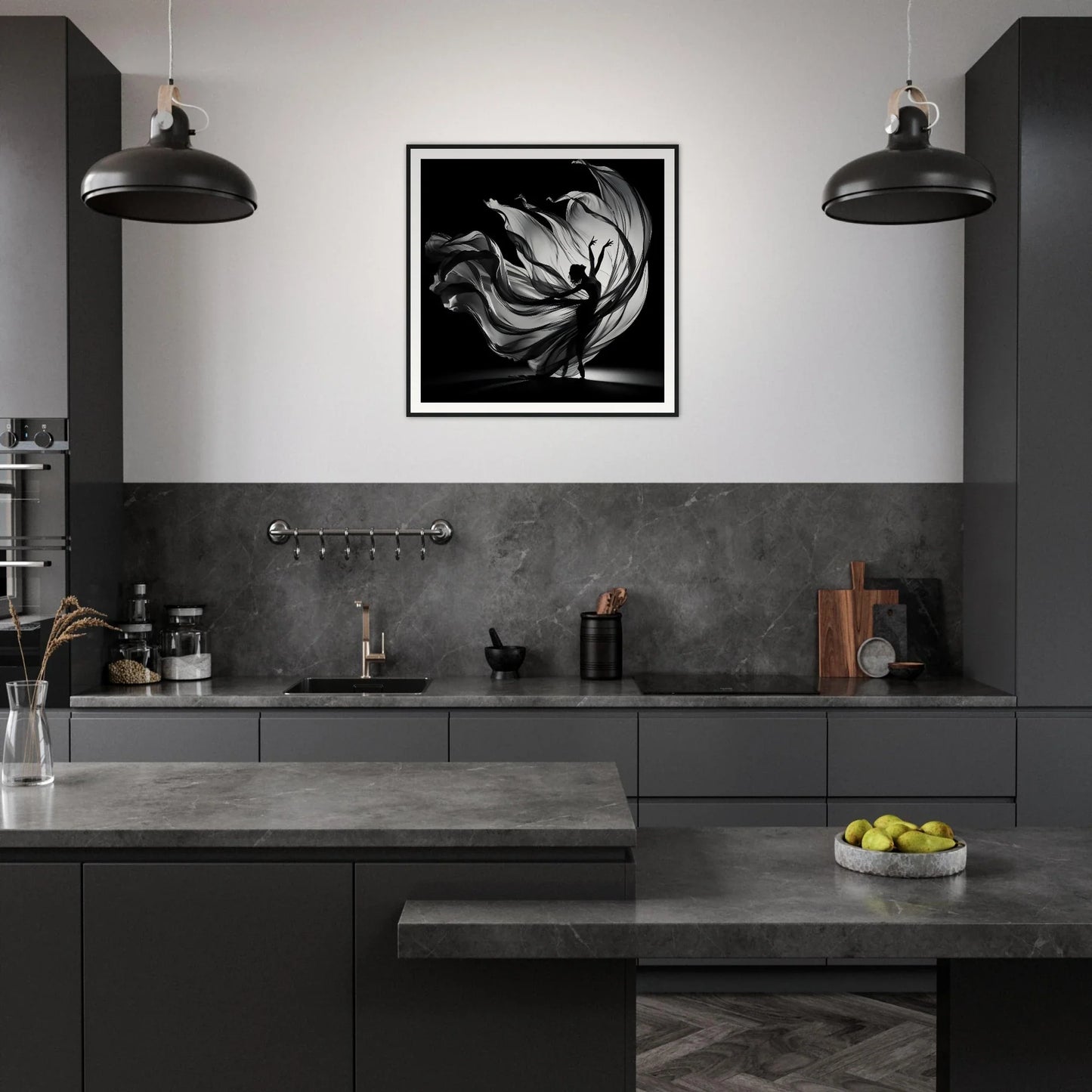 Modern dark kitchen featuring Ethereal Dance Reverie and stylish industrial lights