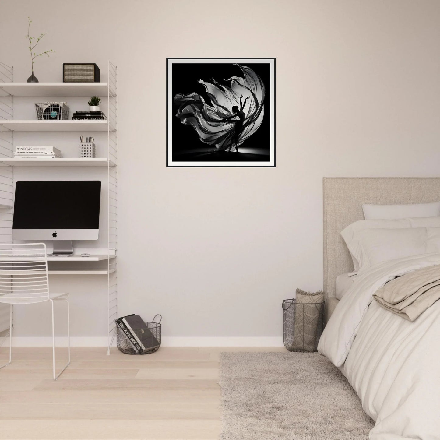 Minimalist bedroom featuring Ethereal Dance Reverie art and stylish floating shelves