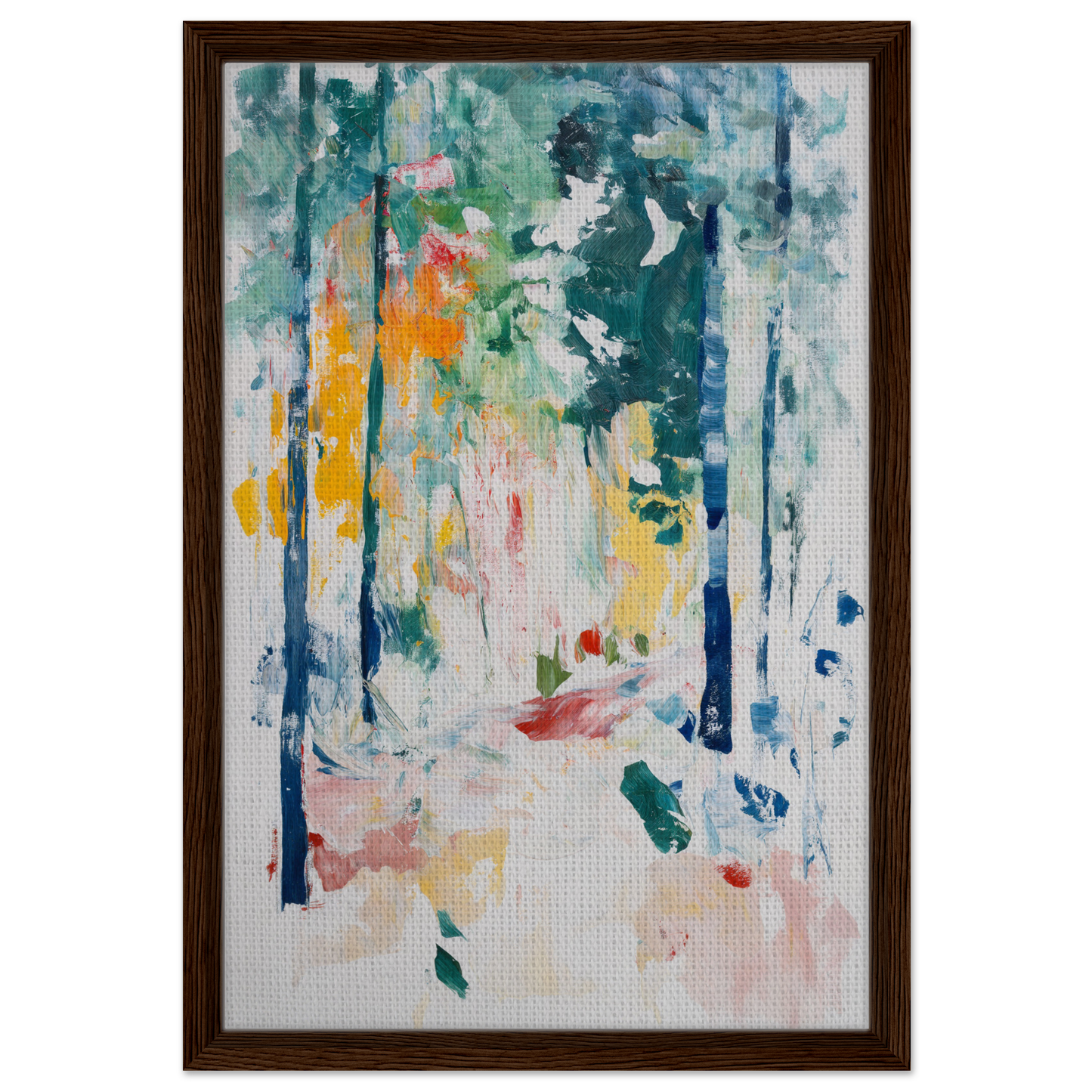 Abstract painting portraying a forest scene for Ethereal Foliage Odyssey framed canvas art