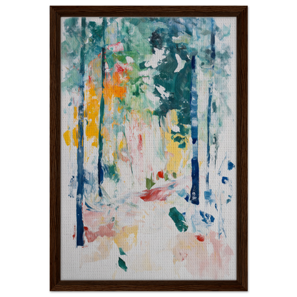 Abstract painting portraying a forest scene for Ethereal Foliage Odyssey framed canvas art