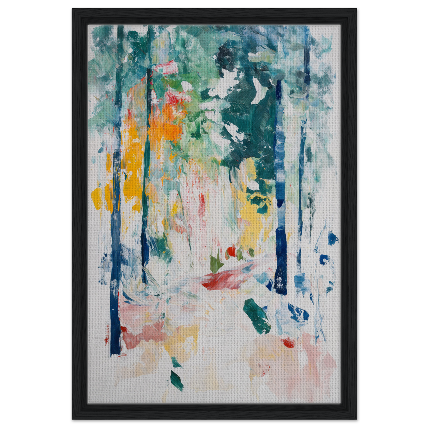 Abstract painting of colorful brushstrokes in Ethereal Foliage Odyssey framed canvas art