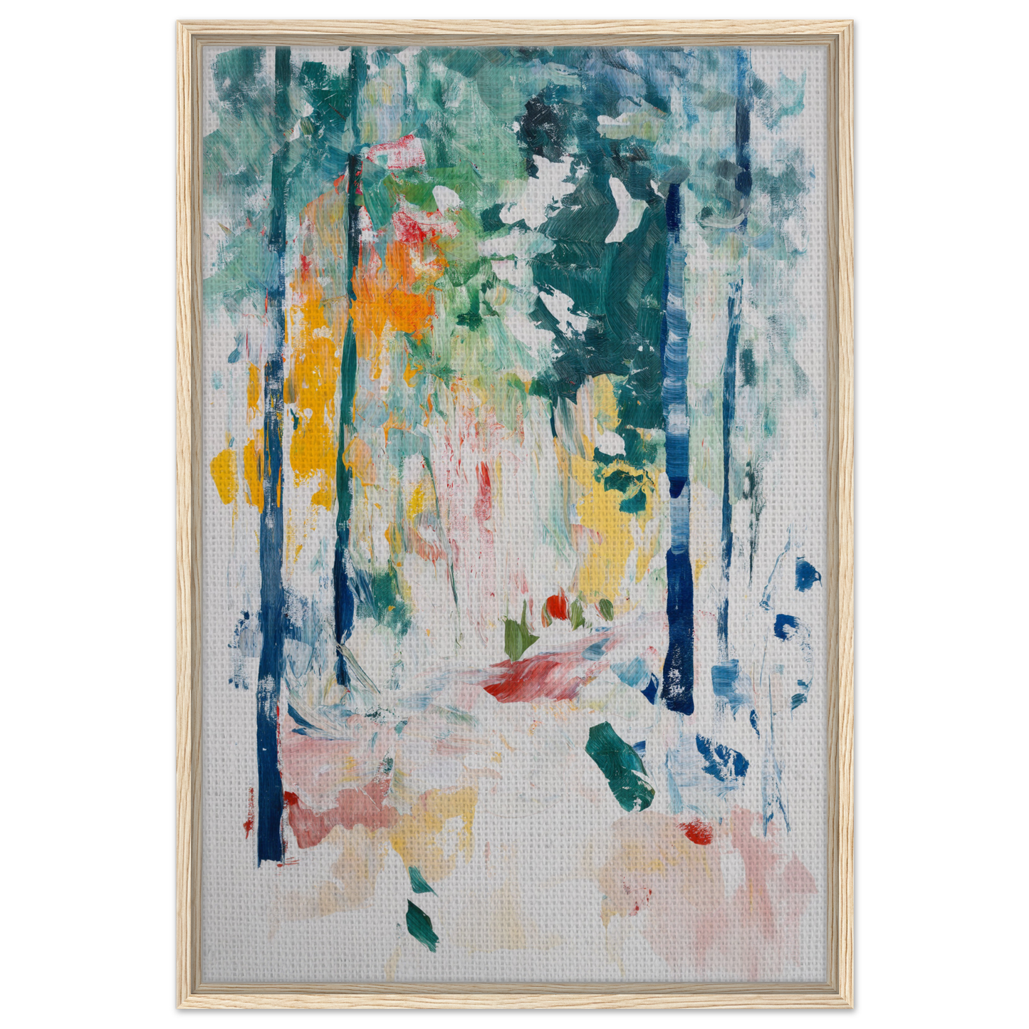 Abstract painting of colorful brushstrokes evoking a forest in Ethereal Foliage Odyssey framed canvas art