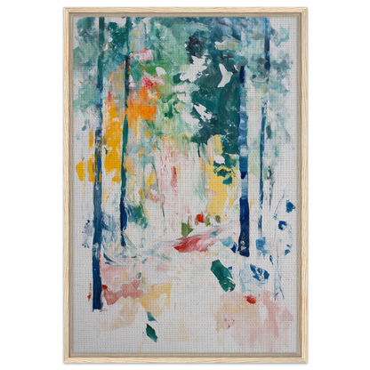 Abstract painting of colorful brushstrokes evoking a forest in Ethereal Foliage Odyssey framed canvas art