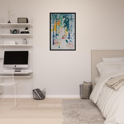 Framed canvas art titled Ethereal Foliage Odyssey with colorful forest-inspired brushstrokes