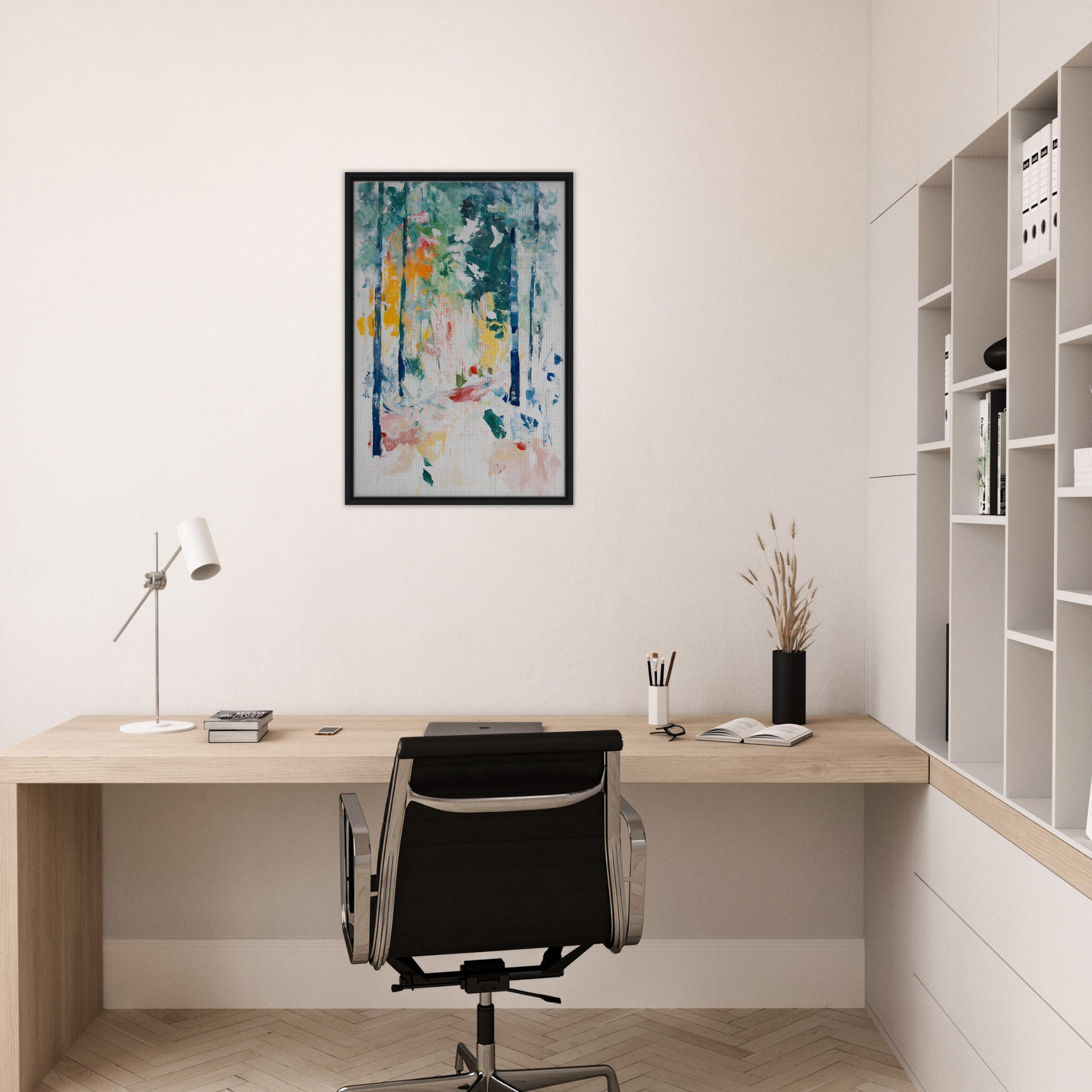 Minimalist home office featuring Ethereal Foliage Odyssey framed canvas art