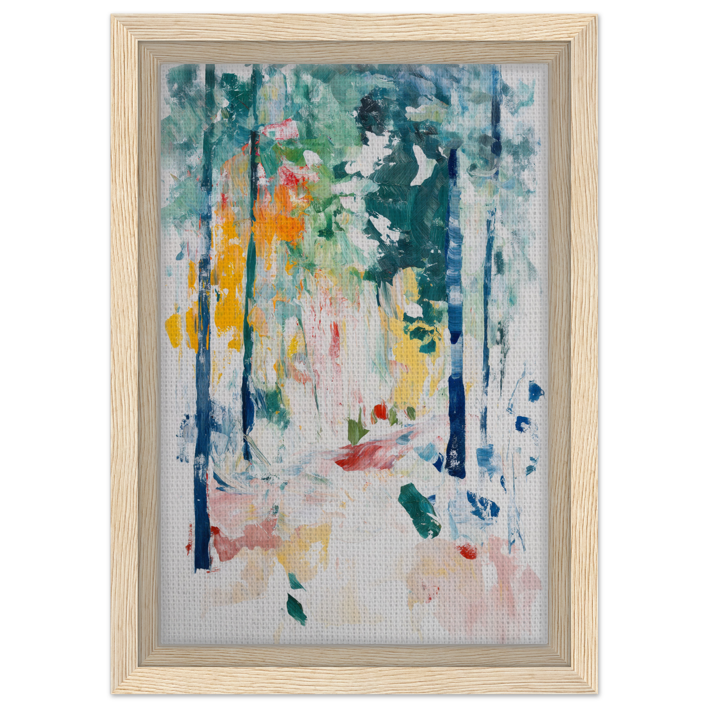 Abstract painting of a forest scene in vibrant colors for Ethereal Foliage Odyssey framed canvas print