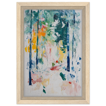 Abstract painting of a forest scene in vibrant colors for Ethereal Foliage Odyssey framed canvas print