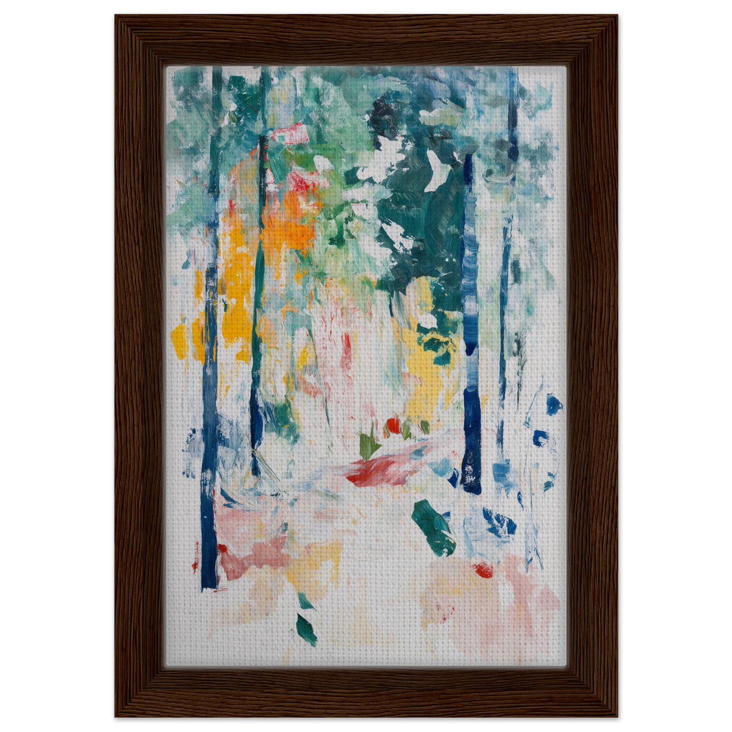 Abstract painting of colorful brushstrokes in Ethereal Foliage Odyssey framed canvas art