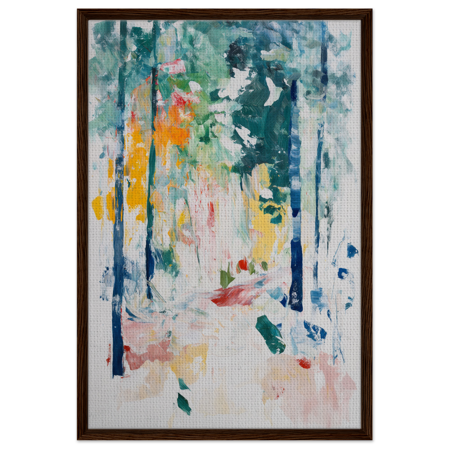 Abstract painting of colorful brushstrokes in Ethereal Foliage Odyssey framed canvas art