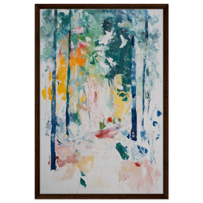 Abstract painting of colorful brushstrokes in Ethereal Foliage Odyssey framed canvas art