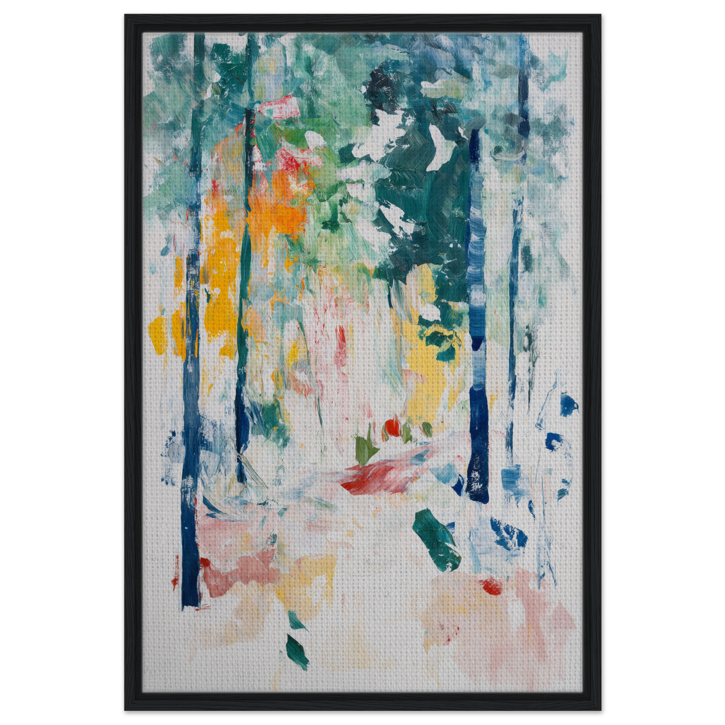 Abstract painting with colorful brushstrokes depicting a forest in Ethereal Foliage Odyssey