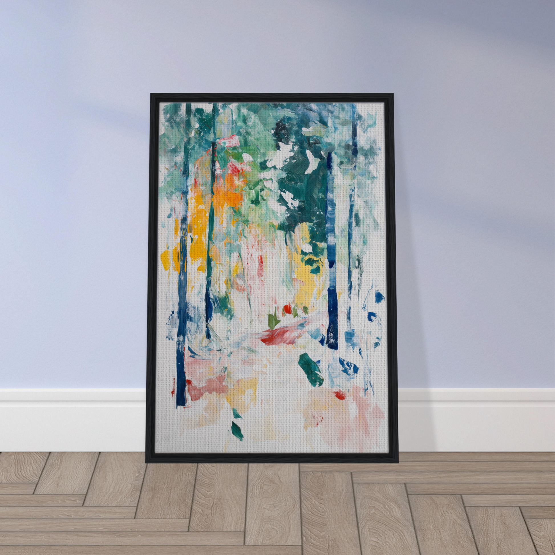 Framed canvas art titled Ethereal Foliage Odyssey showcasing colorful forest-inspired brushstrokes