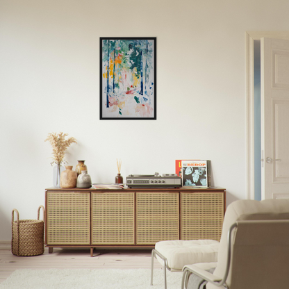 Wooden sideboard with cane-webbed doors and decor for Ethereal Foliage Odyssey room decor