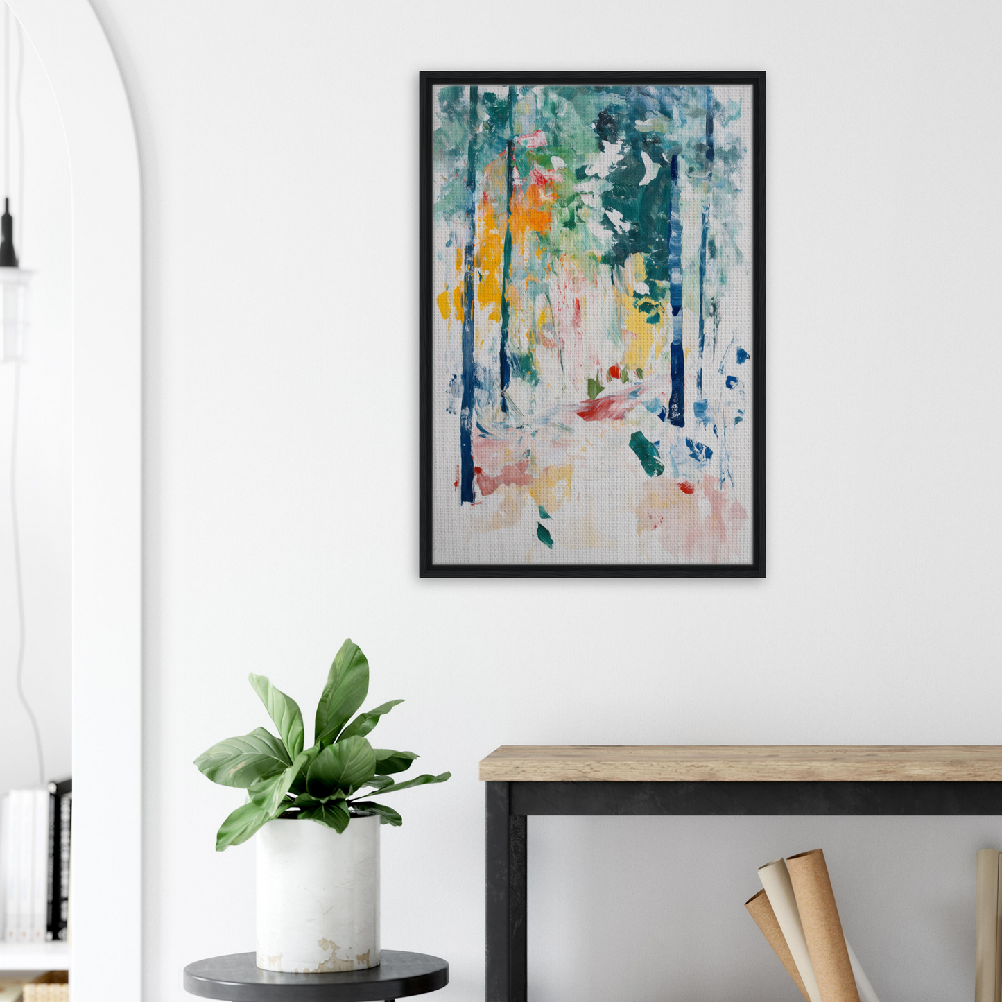 Abstract painting in blues, greens, and orange tones, framed canvas art Ethereal Foliage Odyssey