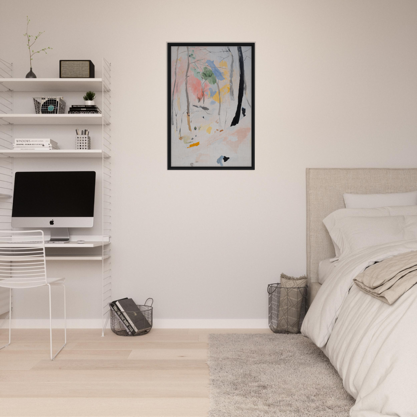 Minimalist bedroom featuring Ethereal Forest Epiphany artwork and stylish room decor