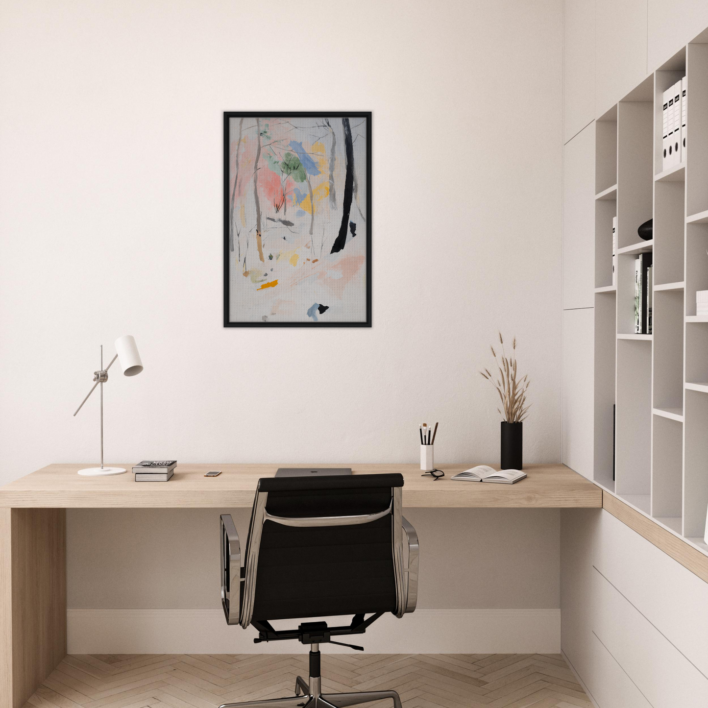 Minimalist home office featuring Ethereal Forest Epiphany framed canvas print